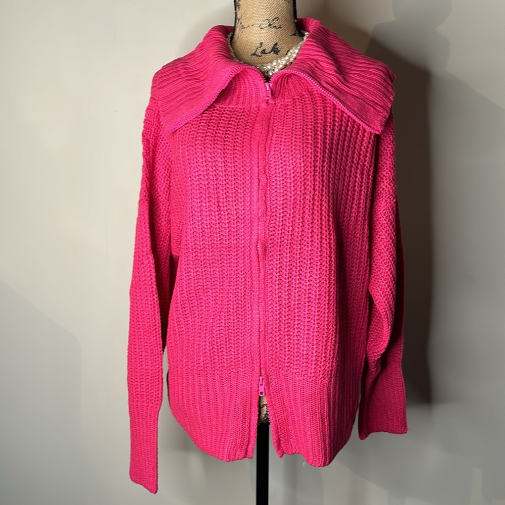 New ASHLEY STEWART Two Way Zip Ribbed Sweater Fuchsia Size-3X